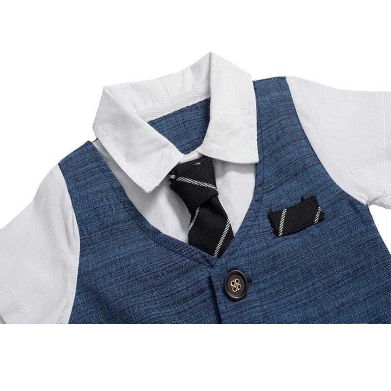 Summer Baby Boy Jumpsuit – Dark Blue Gentleman Style, Short Sleeve Cotton - Image 2