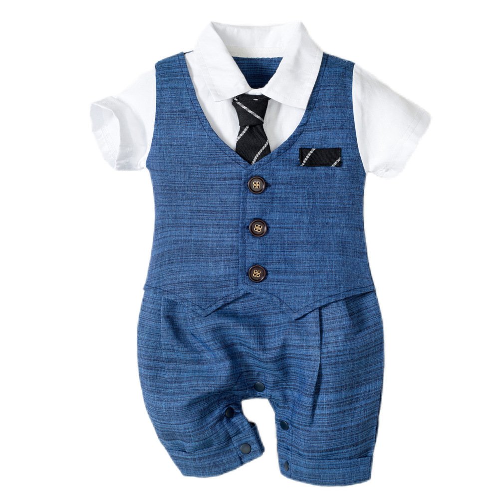 Summer Baby Boy Jumpsuit – Dark Blue Gentleman Style, Short Sleeve Cotton - Image 3