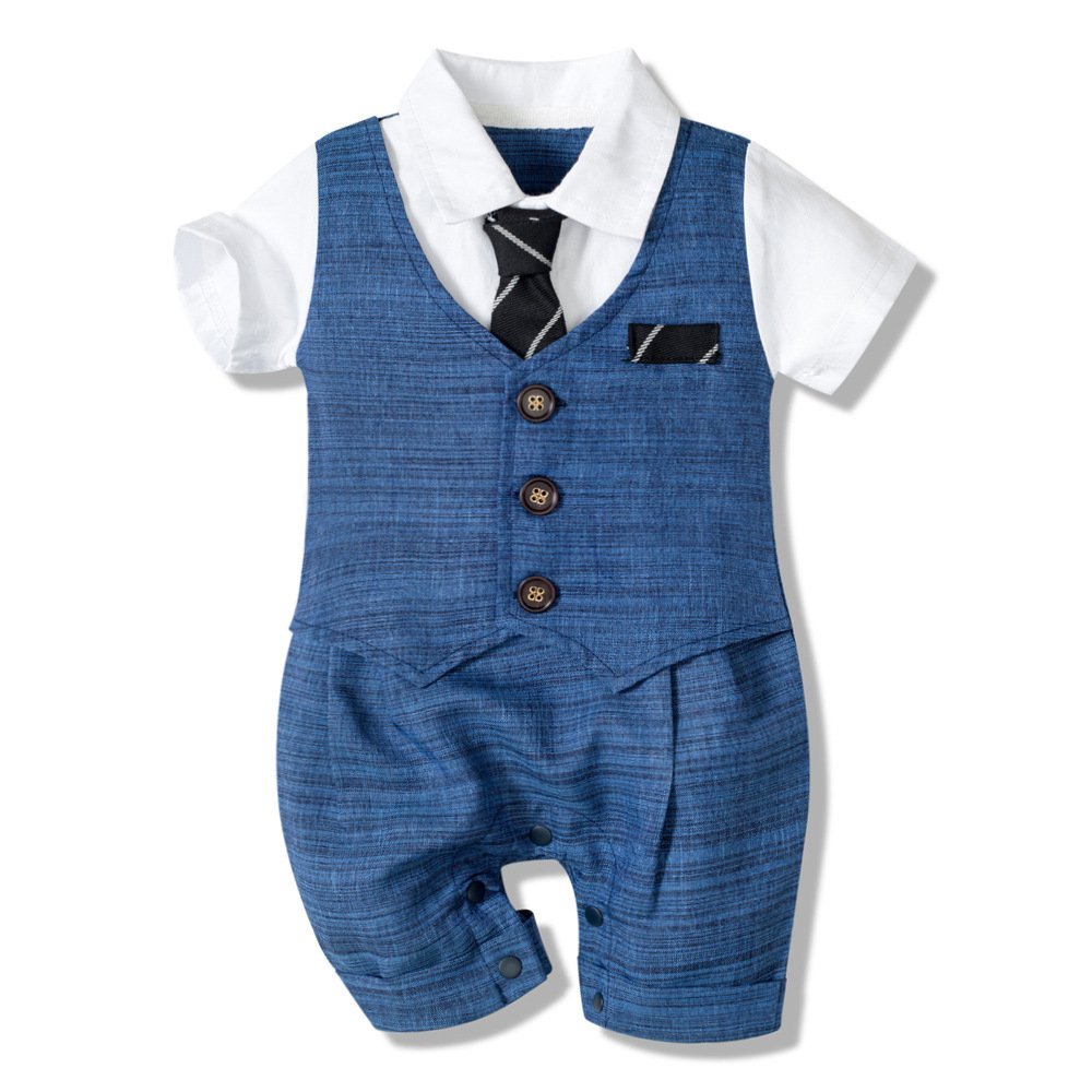 Summer Baby Boy Jumpsuit – Dark Blue Gentleman Style, Short Sleeve Cotton