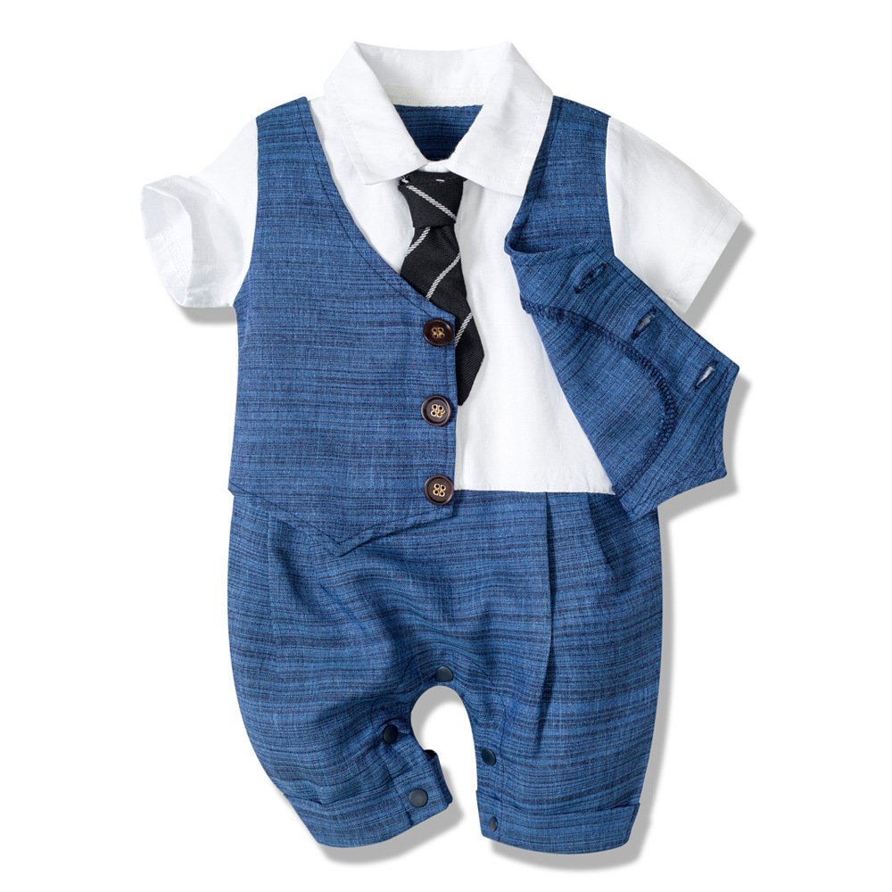 Summer Baby Boy Jumpsuit – Dark Blue Gentleman Style, Short Sleeve Cotton - Image 4