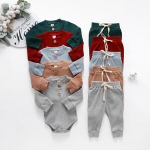 Alternative view of Baby Bodysuit and Pants Set – Pit Stripe Solid Color, Long Sleeve Cotton